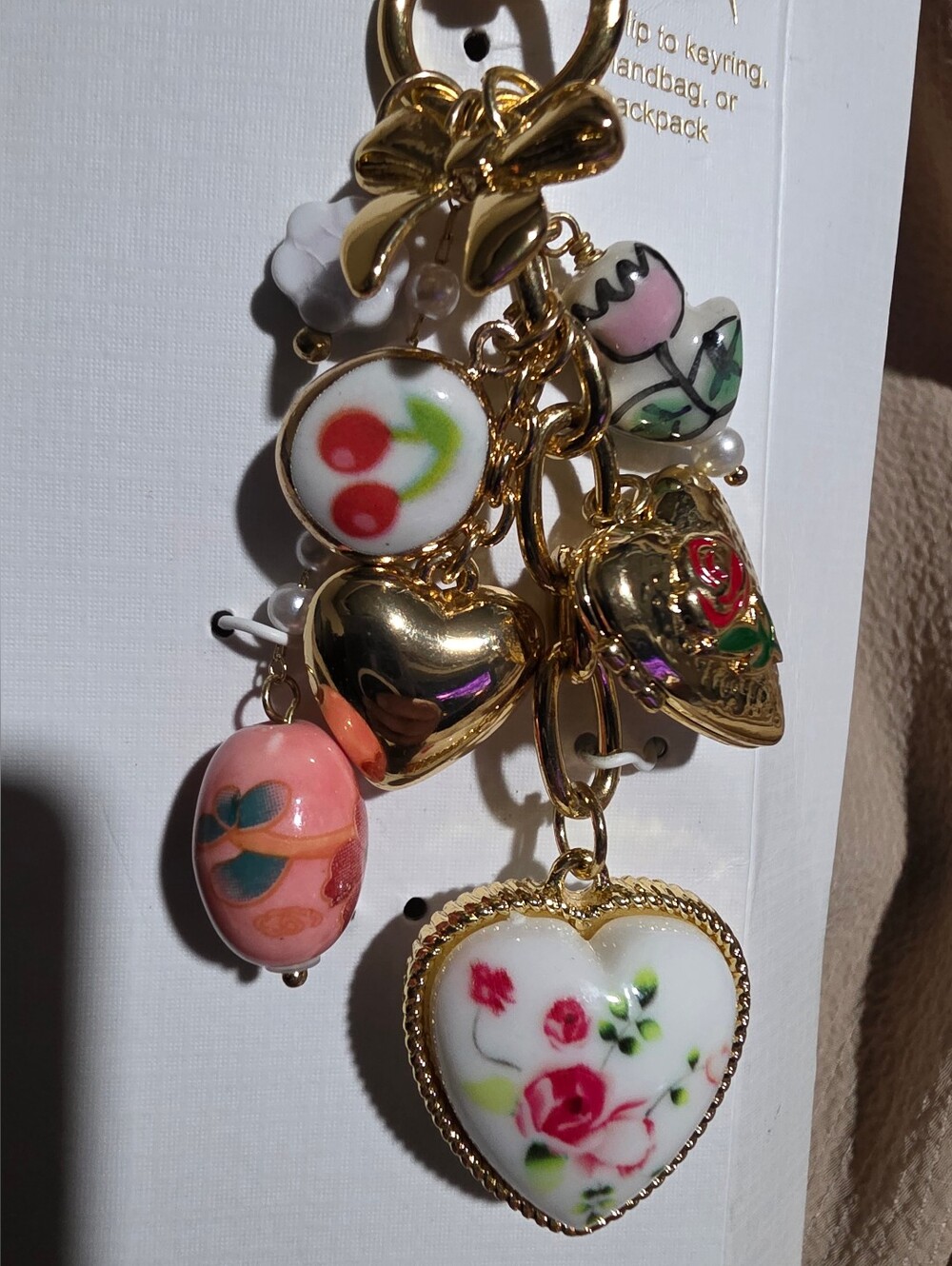 Piper K bag charm/key chain with glass pearls, floral & heart accents & Locket - Picture 2 of 6